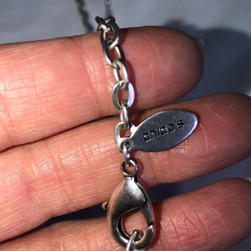 Chicos Blue Striped Bar Necklace Silver Tone